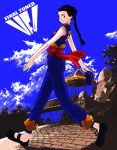  1girl black_hair blue_sky braid chinese_clothes copyright_name double_bun flats g-room_honten hat hat_removed headwear_removed holding holding_hat long_hair pagoda pai_chan pants sky smile solo twin_braids virtua_fighter walking 