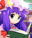  blue_eyes book bookshelf crescent hat long_hair makuwauri patchouli_knowledge purple_hair reading solo touhou 