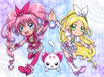 2girls blonde_hair blue_eyes boots braid brooch cat choker cure_melody cure_rhythm curly_hair dress frills green_eyes hair_ribbon hairband happy heart houjou_hibiki hummy_(suite_precure) jewelry lace long_hair magical_girl minamino_kanade multiple_girls musical_note pink_hair pink_legwear precure ribbon shoes smile star_line suite_precure symmetry thigh-highs thighhighs twintails wrist_cuffs 