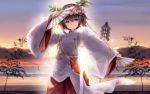  1girl amatsume_akira bamboo brown_eyes brown_hair dancing dual_wielding fan flower folding_fan gohei hair_flower hair_ornament highres japanese_clothes miko shide short_hair solo sunset wallpaper yosuga_no_sora yuugen 