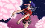  1920x1200 blue_eyes blue_hair blush cherry_blossoms flower geung_si hat highres hop-step-jump jiangshi jpeg_artifacts miyako_yoshika ofuda open_mouth outstretched_arms pale_skin petals short_hair skirt smile solo star tongue touhou tree wallpaper zombie_pose 