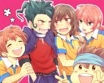  bad_id blue_eyes blue_hair blush brown_eyes brown_hair cloak headband inazuma_eleven inazuma_eleven_(series) inazuma_eleven_go kirino_ranmaru matsukaze_tenma multiple_boys nishizono_shinsuke open_mouth pants racotta shindou_takuto short_hair soccer_uniform tsurugi_kyousuke v yellow_eyes 