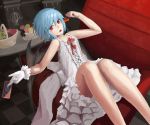  bare_shoulders blue_hair card chair cherry dress fangs food fruit gloves holding holding_card holding_fruit legs red_eyes remilia_scarlet solo touhou white_gloves wings zatsuon 