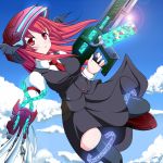  bat_wings black_legwear breasts bubble claws cloud dress_shirt dual_wielding flying gun head_wings helmet highres hose koakuma lens_flare long_hair m.u.g.e.n magic_circle necktie nikku_(ra) radiation_symbol red_eyes red_hair redhead shirt skirt sky solo the_embodiment_of_scarlet_devil thighhighs touhou vest weapon wings zettai_ryouiki 