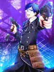  ammo ammunition ao_no_exorcist bad_id belt black_hair blue_eyes dual_wielding fighting_stance glasses gun handgun long_coat looking_at_viewer male necktie okumura_yukio solo striped striped_necktie uniform weapon yuzuki_yua 