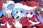  3girls auer bili_bili_douga bili_girl_22 bili_girl_33 blue_hair christmas gift gloves hat highres long_hair meimu merry_christmas multiple_girls open_mouth original purple_hair red_eyes santa_costume santa_hat siblings sisters snow snowflakes snowing sweatdrop tears touhou wallpaper 