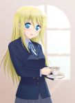  blue_eyes blush cup k-on! kishi_nisen long_hair saitou_sumire school_uniform tea teacup 