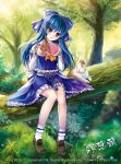  alternate_color bad_id blue_hair blush bobby_socks bunny embarrassed forest fs-project gift hakurei_reimu head_tilt highres holding holding_gift in_tree kouhaku_nawa loafers nail_polish nature player_2 rabbit red_eyes shoes sitting sitting_in_tree socks solo tassel tears touhou tree valentine watermark 