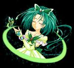  akimoto_komachi bare_shoulders bow butterfly closed_eyes cure_mint dress earrings eyes_closed gloves green_hair jewelry magical_girl maryu precure ribbon short_hair smile solo sparkle yes!_precure_5 