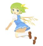  absurdres bad_id blue_eyes blush daiyousei footwear green_hair hair_ribbon highres loafers looking_back open_mouth pleated_skirt ribbon shoes short_hair side_ponytail skirt socks solo touhou white_legwear wings 