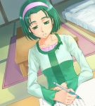  bed book desk green_eyes green_hair hairband nishiwaki pen precure shirt short_hair solo yes!_precure_5 