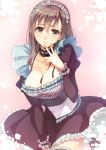  breasts brown_eyes brown_hair choker cleavage corset covering covering_crotch frills garters gathers hand_on_chin hand_to_chin large_breasts long_hair looking_at_viewer maid_headdress mashimaro open_mouth oretachi_ni_tsubasa_wa_nai plaid ribbon ruffles simple_background solo tamaizumi_hiyoko thighhighs waitress yellow_eyes 