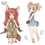  :&lt; animal_ears bare_shoulders blue_eyes blush bow_(weapon) brown_eyes brown_hair dress elin elin_(tera) fingerless_gloves gloves long_hair looking_at_viewer short_dress short_hair tail tera_online twintails weapon 