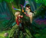  blonde_hair bracelet child creature dress eel food forest frills fruit green_hair hair_ornament in_tree jewelry long_hair nature original pointy_ears ranma3049 scenery sheath sheathed sitting sitting_in_tree sword tree weapon 
