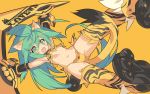  1girl :3 animal_ears blade_(galaxist) cat_ears cat_tail cham_cham elbow_gloves fang flat_chest gloves green_eyes green_hair midriff navel open_mouth outstretched_arms panties paws samurai_spirits smile spread_arms tail thighhighs tiger_print underwear weapon 