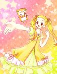  bird blonde_hair brown_eyes creature dress frills kasugano_urara long_hair namizou outstretched_hand precure smile star syrup_(precure) syrup_(precure_5) twintails wink yellow_dress yes!_precure_5 