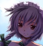  bare_shoulders bow braid face hair_bow izayoi_sakuya maid_headdress makuwauri muted_color muted_colors red_eyes short_hair silver_hair smile solo touhou twin_braids 