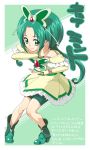  1girl akimoto_komachi bare_shoulders bike_shorts brooch butterfly character_name cure_mint dress frills gloves green_eyes green_hair jewelry long_hair magical_girl precure shoes shorts_under_skirt smile solo yes!_precure_5 