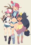  3girls bad_id bandaid baseball_cap black_hair blue_eyes breasts brown_hair closed_eyes dark_skin denim denim_shorts eyes_closed fuuro_(pokemon) gym_leader hair_ornament hat iris_(pokemon) large_breasts midriff mound_of_venus multiple_girls navel orange_eyes pokemon pokemon_(game) pokemon_black_and_white pokemon_bw purple_hair red_hair redhead short_shorts shorts touko_(pokemon) vest 