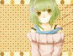  collarbone green_eyes green_hair gumi hairband off_shoulder polka_dot solo sweater vocaloid 
