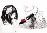  closed_eyes dress eyes_closed flower hair_flower hair_ornament lily_(flower) monochrome original phonograph red_rose rose sawasawa solo spot_color vines white_dress 