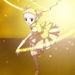  blonde_hair brooch brown_eyes butterfly cure_lemonade curly_hair double_bun dress gloves hair_ornament hairpin jewelry kasugano_urara magic magical_girl precure running serious shoes short_hair solo thigh-highs thighhighs tomiwo twintails yellow yellow_background yellow_dress yellow_legwear yes!_precure_5 