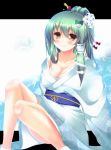  alternate_hairstyle bad_id bare_legs bare_shoulders blush bow breasts flower frog green_hair hair_flower hair_ornament japanese_clothes kanzashi kimono kochiya_sanae long_hair obi off_shoulder ponytail second_heaven sitting smile snake solo touhou yellow_eyes yukata 