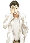  belt brown_hair covering_eye covering_one_eye evil_grin evil_smile facial_hair green_eyes grin hand_in_pocket hand_on_another's_face hand_on_face hand_on_own_face hand_over_eye labcoat makimura_shunsuke male messy_hair okabe_rintarou pen short_hair smile solo steins;gate stubble 
