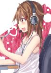  :d bad_id blush brown_eyes brown_hair cable headset heart highres long_hair open_mouth original smile solo stylus tablet tank_top yukityasoba 