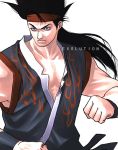  1boy alternate_costume alternate_hair_length alternate_hairstyle black_hair dougi fighting_stance frown g-room_honten headband long_hair ponytail sleeveless solo spiky_hair virtua_fighter yuki_akira 