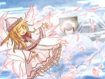  akihiyo blonde_hair blush_stickers closed_eyes cloud clouds dress eyes_closed fairy_wings lily_white mountain open_mouth solo touhou wings 