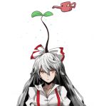  bad_id bow flat_gaze flower flower_on_head fujiwara_no_mokou fungus hair_bow long_hair mosamosa1110 plant_on_head red_eyes silver_hair simple_background solo suspenders touhou very_long_hair watering_can white_background 