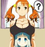  :&gt; :&lt; ? age_difference anjou_naruko ano_hi_mita_hana_no_namae_wo_bokutachi_wa_mada_shiranai blue_eyes blue_hair breast_rest breasts breasts_on_head brown_eyes brown_hair cleavage earrings height_difference honma_meiko jewelry kamimiya large_breasts long_hair multiple_girls size_difference smile twintails window 