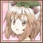  1girl animal_ears border brown_eyes brown_hair cat_ears chen close-up colored_eyelashes earrings face hat jewelry kuro_oolong ladybug open_mouth short_hair solo stare touhou wide-eyed wide_eyed 