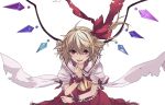  artist_request ascot blonde_hair dress flandre_scarlet frills hair_ribbon long_hair no_pupils red_dress red_eyes ribbon side_ponytail simple_background smile solo source_request torn_clothes touhou vector_trace white_background wings 