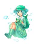  :o aqua_eyes aqua_hair backpack bag boots cucumber dress hair_bobbles hair_ornament hat kawashiro_nitori mamii pocket pockets randoseru short_hair short_twintails sitting solo touhou twintails wrench 