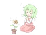  ^_^ blush_stickers chibi clapping closed_eyes dancing_flower dress eyes_closed flower flower_pot green_hair kazami_yuuka open_mouth red_dress shino_megumi sitting smile solo sunflower touhou youkai 