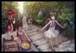  backpack bag black_hair border brown_hair food hair_ornament hairband hairclip long_hair multiple_girls nabe original oto_taku outstretched_arms randoseru short_hair skirt spread_arms stairs yinzhai 