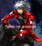  ahoge black_gloves blazblue character_name coat frown gloves green_eyes heterochromia male pants ragna_the_bloodedge red_eyes serious sitting solo spiked_hair spiky_hair white_hair xxxxchild 
