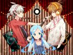  argyle blue_hair brown_eyes brown_hair headphones hii101 ii-chan kunagisa_tomo microphone microphone_stand red_eyes speaker twintails white_hair zaregoto_series zerozaki_hitoshiki 