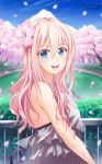  bare_shoulders blue_eyes cherry_blossoms flower glycyrrhizae hair_flower hair_ornament highres long_hair open_mouth original petals pink_hair smile solo 