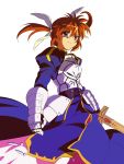  armor armored_dress blue_eyes bow brown_hair cosplay dress excalibur fate/stay_night fate_(series) gaogaigar-final gauntlets hair_bow hair_ornament highres lyrical_nanoha mahou_shoujo_lyrical_nanoha narusemi parody puffy_sleeves purple_eyes saber saber_(cosplay) solo style_parody sword takamachi_nanoha twintails weapon white_background 