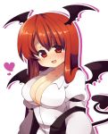  bat_wings breasts cleavage demon_tail fang head_wings heart koakuma long_hair matatabi_maru open_mouth red_eyes red_hair redhead shirt_slip smile solo tail the_embodiment_of_scarlet_devil touhou wings 