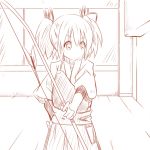  alternate_costume amano_(els573) archery archery_dojo arrow bow_(weapon) hair_ribbon hakama hand_on_hip hips indoors japanese_clothes kaname_madoka kyuudou lineart mahou_shoujo_madoka_magica monochrome muneate ribbon sepia sketch solo twintails weapon 