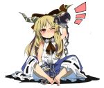  barefoot blonde_hair blush bow butterfly_sitting chain chains cuffs face feet gourd hair_bow horn horn_ribbon horns ibuki_suika indian_style long_hair red_eyes ribbon shadow shirow_(crazy) simple_background sitting sketch skirt sleeveless sleeveless_shirt slit_pupils solo touhou wink wrist_cuffs 