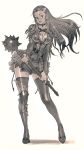  cleavage collar kilart long_hair mace monochrome original simple_background solo thigh-highs thighhighs weapon 