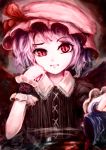  alternate_costume black_dress blue_hair cup dress face glass_table hand_on_own_face hand_to_face hat helrouis red_eyes remilia_scarlet short_hair solo spilling touhou 
