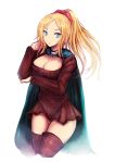  blonde_hair blue_eyes boots bow breasts cape cleavage color_(artist) final_fantasy final_fantasy_tactics hair_bow high_ponytail kara_(color) large_breasts long_hair ponytail simple_background solo thigh-highs thigh_boots thighhighs thighs valmafra_lenande zettai_ryouiki 