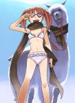  aerodog alpaca bikini blush brown_hair goggles idolmaster inu_(aerodog) mouth_hold open_mouth scarf short_hair smile solo swimsuit takatsuki_yayoi twintails v 