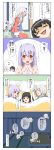  4koma :3 =_= @_@ alternate_costume animal_ears bed black_hair blush bunny_ears comic highres inaba_tewi lavender_hair long_hair multiple_girls o_o open_mouth pillow red_eyes reisen_udongein_inaba rokugatsu_t silver_hair touhou translated translation_request troll_face yagokoro_eirin 